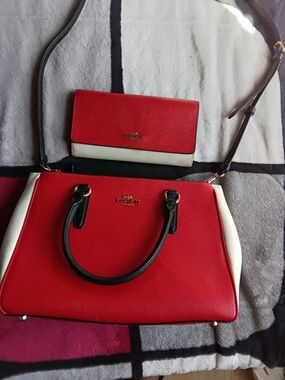 Coach Red and White Leather Satchel with Matching Wallet